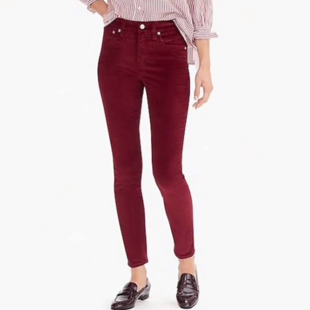 J. Crew 9" high-rise burgundy toothpick jean.